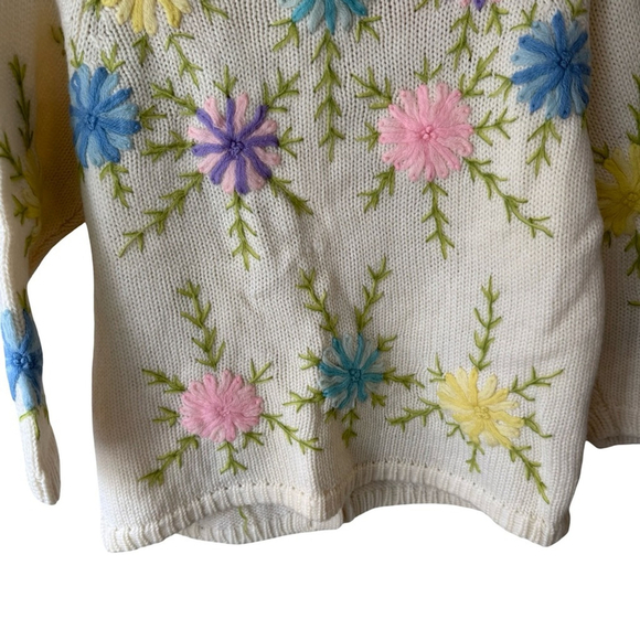 Vintage Hand-Knit Floral Embroidered Cardigan Sweater Cream Multicolor Size S/M - Picture 11 of 12